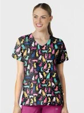 Wink Black Scrub Top with Multicolor Cats & Dogs Print Darling Dots